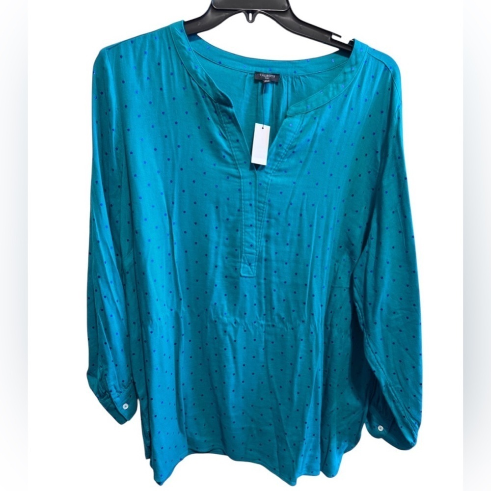 Talbots Emerald Green Blue Dot V-Neck Blouse Women’s Plus Long Sleeve Sz 3X